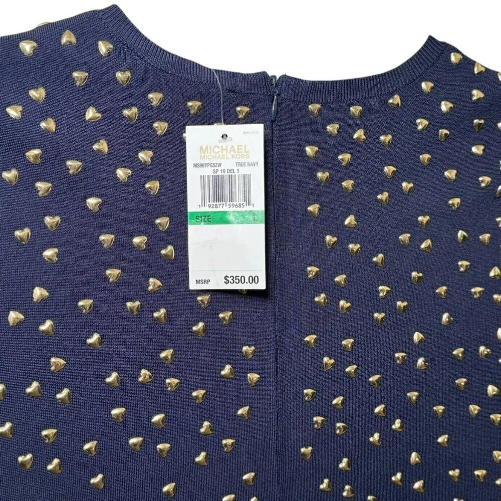 $350 MICHAEL KORS‎ Navy Knit Dress With Gold Heart Studs Size L 10- 12 NEW!